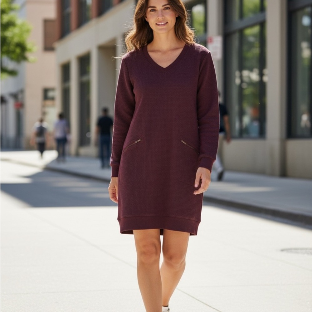 J.Jill Tunic Dress Long Sleeve Front Zip Pockets waffle knit SizeSmall Burgundy